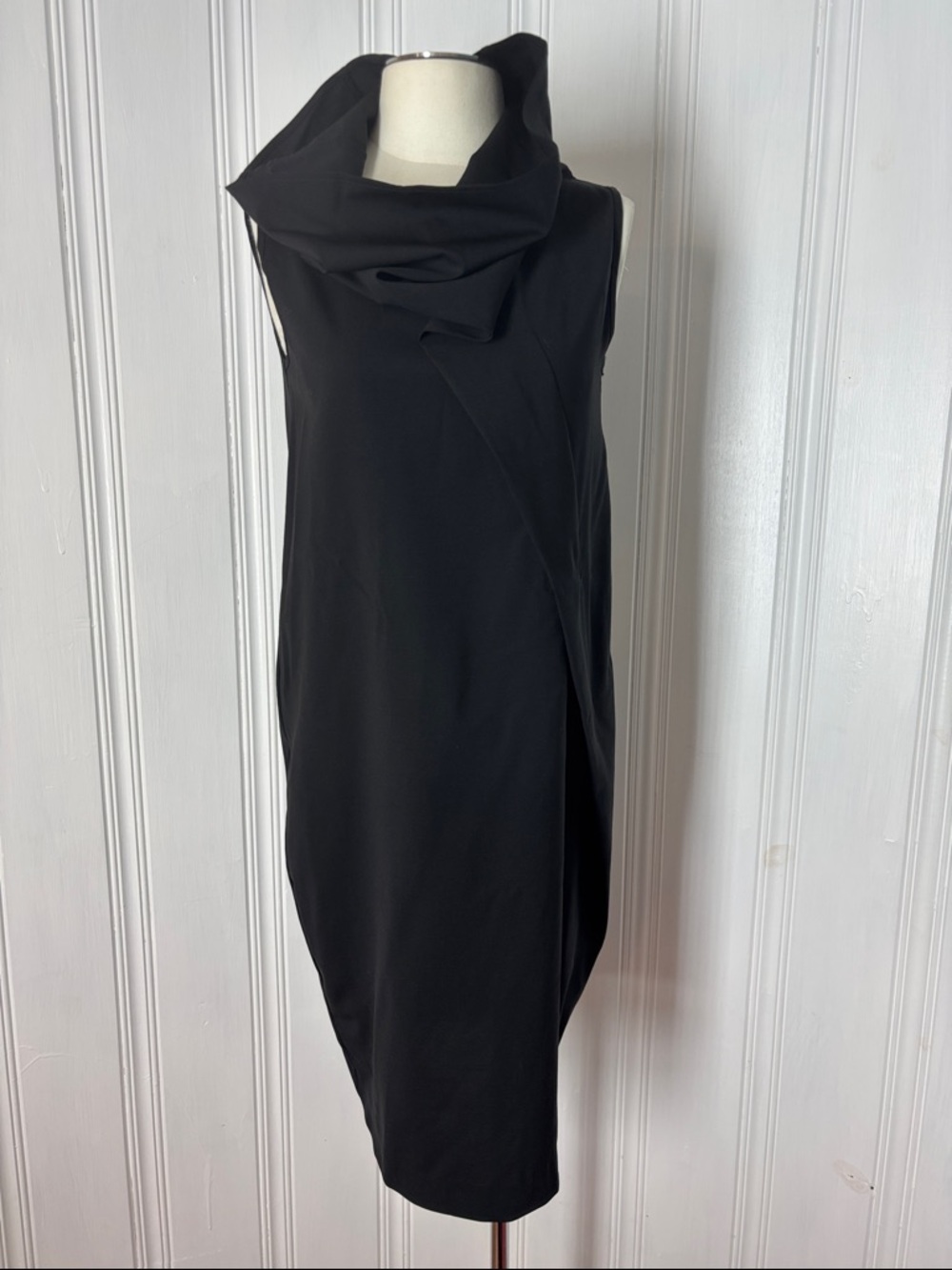 Sarah Pacini Black Techno Fabric Funnel Neck Cocoon Dress | Size M/L (Estimated)
